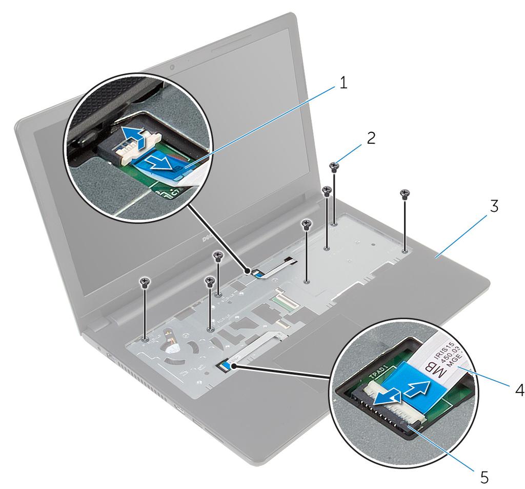 15 Kämmentuen irrottaminen Prerequisites Procedure Prerequisites 1. Remove the battery. 2. Remove the base panel. 3. Follow the procedure from step 1 to step 3 in Removing the hard drive. 4.