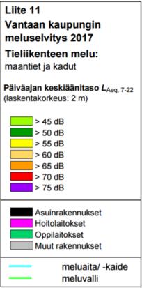 Ote Paasitie 7b:n kohdalta Vantaan kaupungin ympäristömeludirektiivin mukaisen meluselvityksen 2017 päiväajan kello 7 22 melukartasta kahden metrin laskentakorkeudella ja vuoden 2016