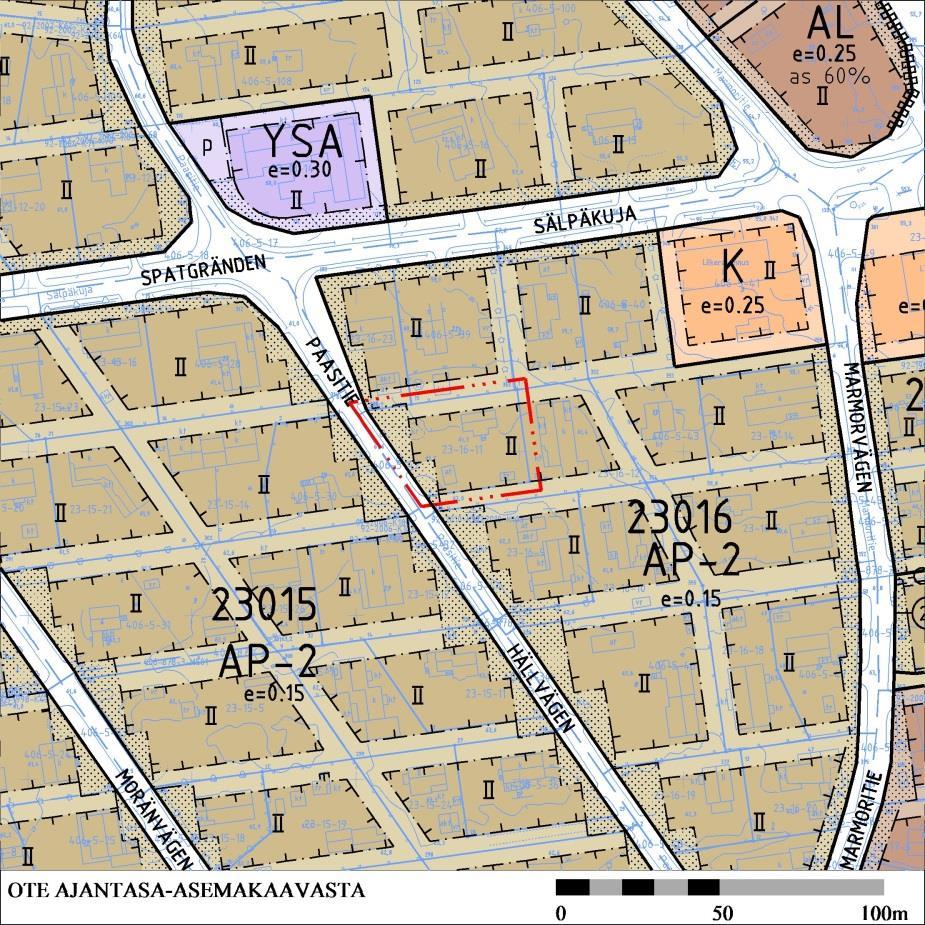 Asemakaava Kaavamuutosalueella on voimassa asemakaava nro 230100 (lainvoimainen 4.6.1984), jossa alue on asuinpientalojen korttelialuetta (AP-2), jolla tehokkuusluku e on 0.