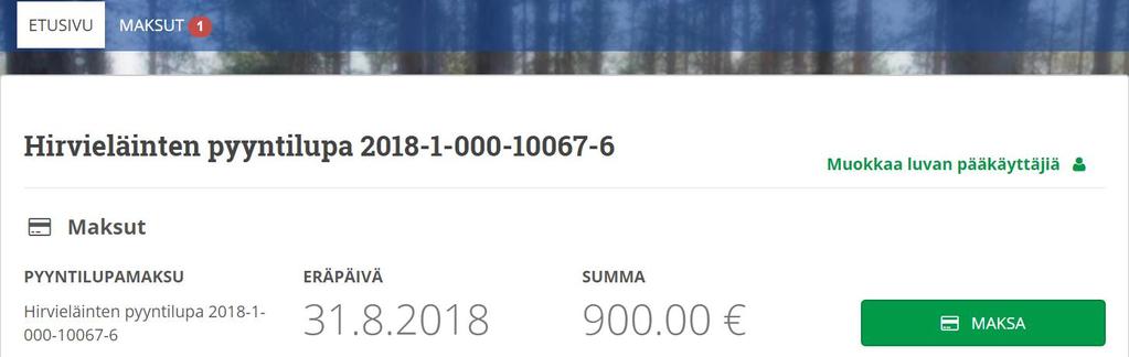 3. Maksuosio (Sulje lupa) aukeaa vasta kun kaikki lupaosakkaat ovat merkinneet metsästyksen päättyneeksi sekä luvat ja ihmisravinnoksi kelpaamattomat