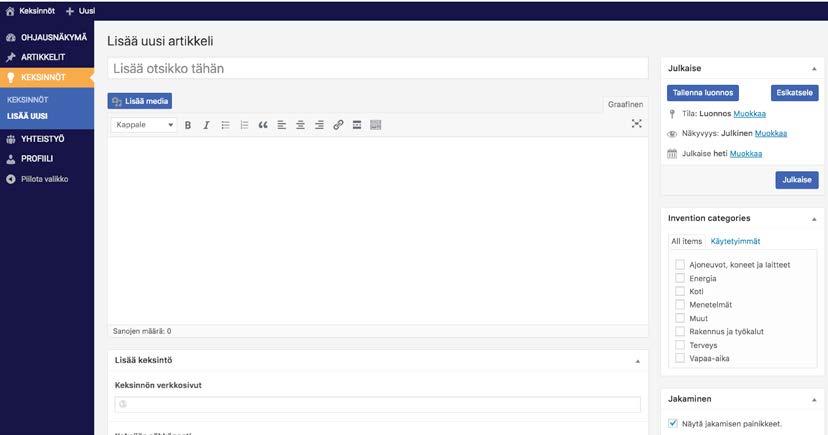 Sivunavigaatiosta löydät Keksinnöt -osion, jota painamalla saat näkyviin Lisää uusi painikkeen. Keksinnön nimi tähän Tähän kirjoitat keksinnön kuvauksen.