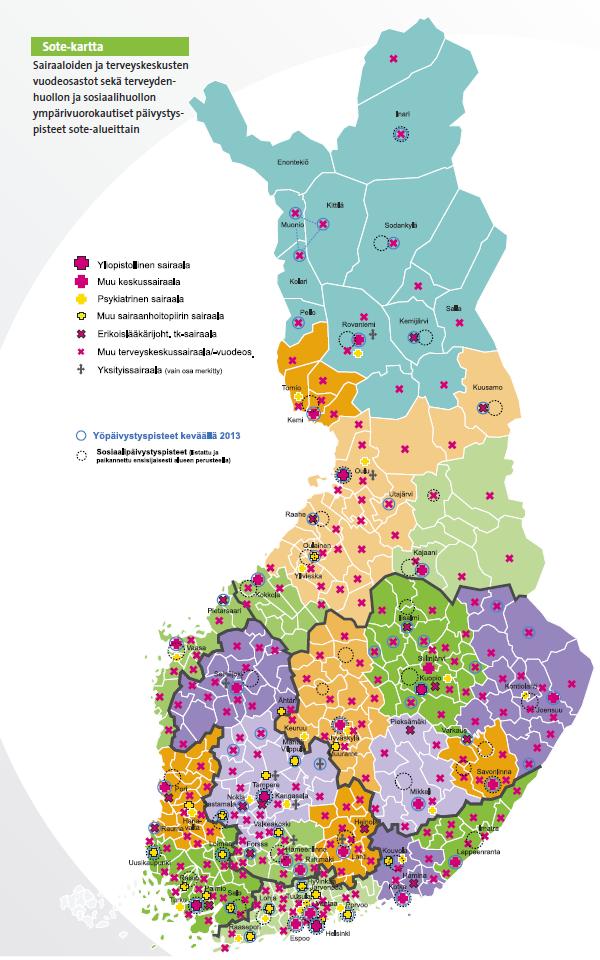 Palveluverkko 5 yliopistosairaalaa 20 keskussairaalaa + aluesairaalat Yli 100 erikoislääkärijohtoista sairaalaa (keskussairaalat, psykiatriset sairaalat ja erikoislääkärijohtoiset tk:t) 240