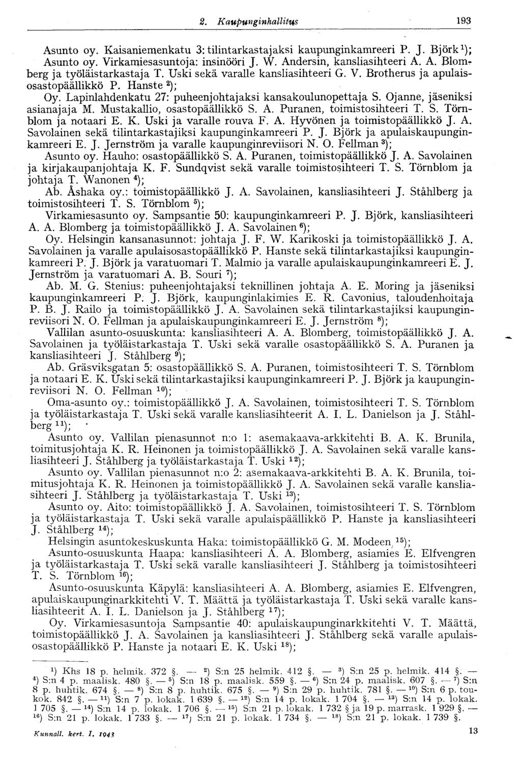 1222..Kaupunginhallitus 193 Asunto oy. Kaisaniemenkatu 3: tilintarkastajaksi kaupunginkamreeri P. J. Björk 1 ); Asunto oy. Virkamiesasuntoja: insinööri J. W. Andersin, kansliasihteeri A. A. JBlomberg ja työläistarkastaja T.