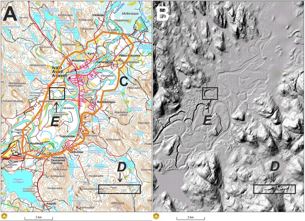 D: Harju ja E: Juolua eli makkarajärvi (hyväksytään myös meander) (Lukion maantiede 1 Sininen planeetta 2006: 104, 108 109; GEOS 2 Sininen planeetta 2016: 97, 106 107).