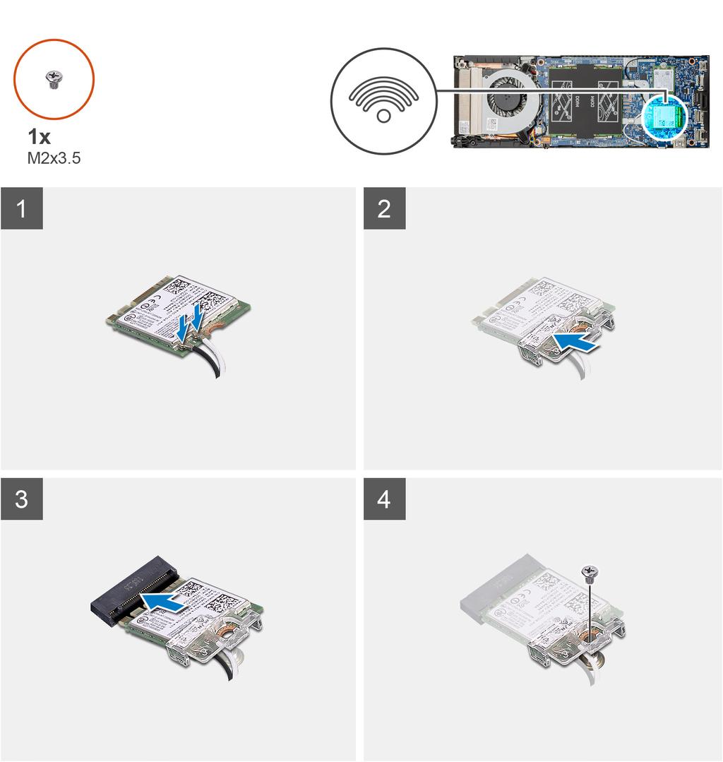 3. Irrota WLAN-antennikaapelit WLAN-kortista. 4. Vedä WLAN-kortti irti emolevyn WLAN-korttipaikasta. WLAN-kortin asentaminen Jos aiot vaihtaa osan, irrota vanha osa ennen uuden osan asentamista.