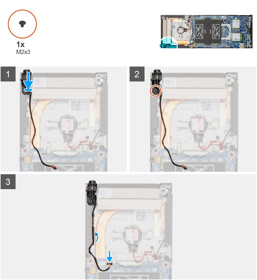 1. Aseta virtapainike paikoilleen koteloon. 2. Kiinnitä ruuvi (M2x3), jolla virtapainike kiinnittyy koteloon. 3. Reititä virtapainikkeen kaapeli kotelon reititysohjainten läpi. 4.