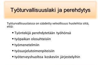 toiminta Tiedot työsuojeluorganisaatiosta ja työterveydenhuollosta (työterveydenhuollon laajuus) Työpaikan säännöt ja toimintatavat, esimerkiksi työvuoroihin liittyvät