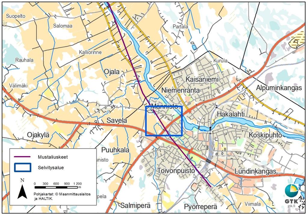 GEOLOGIAN TUTKIMUSKESKUS 3 31.8.2018 Kuva 1. Taanilan selvitysalueen sijainti. Maaperäkartan (1:20 000) mukaan alueen maaperä on hienoa hietaa ja hiesua.