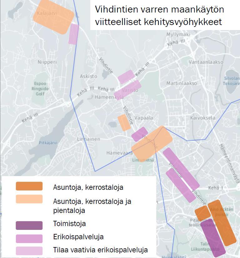 Maankäytön näkymiä Asukkaat: 2017: 60 000 2050: 90 000 Työpaikat: 2017: 45 000 2050: 60 000 Espoo Lähde: Vihdintien kehityskäytäväselvitys, luonnos (Strafica & Sitowise) Vantaa Työn