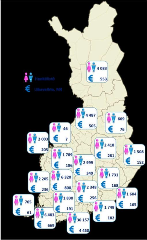 Mara-alan ydinklusterin toimipaikkojen liikevaihto ja henkilöstö (htv) maakunnittain vuonna 2016.