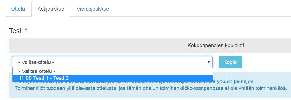 sivu 12 Ottelun kokoonpanon kopioiminen aiemmasta ottelusta: Turnausmuotoisissa sarjoissa ottelun kokoonpanon voi kopioida saman päivän seuraavaan otteluun, jos kopioinnin kohteena olevassa ottelussa
