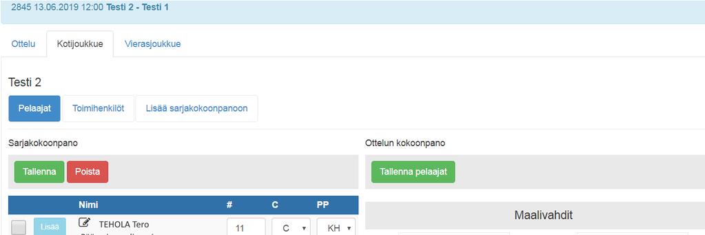 sivu 7 Ottelun kokoonpano sarjoissa, joissa ottelut pelataan yksittäin : Otteluvalinnan jälkeen näkymä on seuraavanlainen: Näkymässä on kolme välilehteä: Ottelu, Kotijoukkue ja Vierasjoukkue.