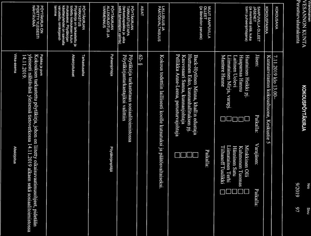 Perusturvalautakunta 9/2019 97 Kunnanviraston kokoushuone, Keskustie 5 Haapamaa Hannu EI Kuhmonen Tuomas EI Laitinen Uolevi EI Hänninen Satu EI Liimatainen Mirja, varapj.