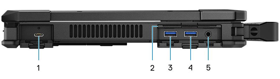 Akun merkkivalo Tietokone vasemmalta katsottuna 1. USB 3.1 Gen 2 (Type-C) -portti, jossa virranjako 2.