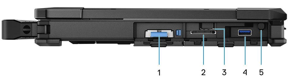 Tietokone oikealta katsottuna 1. SSD 2. SD-kortinlukija 3. SIM-korttipaikka 4. USB 3.