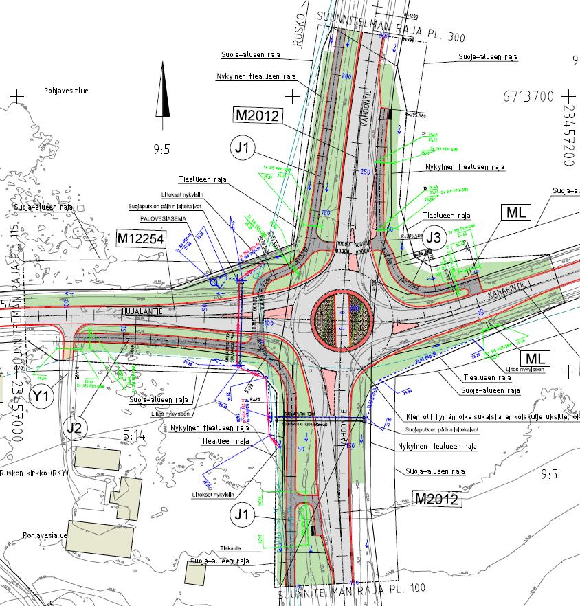 Kevyenliikenteen väylien suunnittelu - Rakenteilla olevassa kiertoliittymässä on varauduttu väylien jatkamiseen.