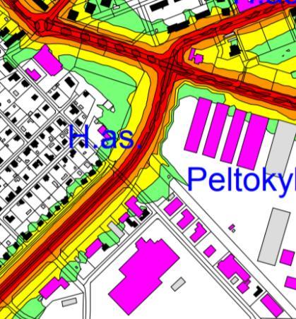 Melun ennustetilanne 2035. Vasemmalla on päiväajan keskiäänitaso ennustetilanteessa 2035 ja oikealla on yöajan keskiäänitaso ennustetilanteessa 2035.