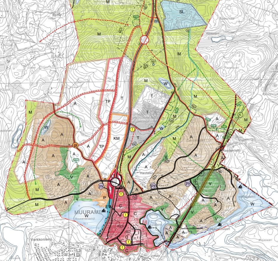 Kuva 7. Ote Muuramen keskustaajaman pohjoisosan osayleiskaavasta ja kaavan kaavamerkinnöistä (Lähde: Keskustaajaman osayleiskaava pohjoisosa kaavakartta 2015).