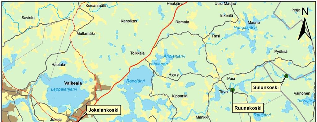 Kuva 1. Valkealan reitin alaosa sekä kalataloustarkkailuun kuuluvat sähkökoekalastuksien koealueet.