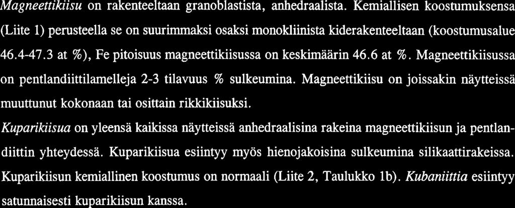 Kemiallisen koostumuksensa (Liite 1) perusteella se on suurirnmaksi osaksi monokliinista kiderakenteeltaan (koostumusalue 46.4-47.3 at %), Fe pitoisuus magneettikiisussa on keskimarin 46.6 at %.