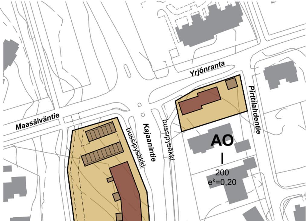 21 4. Kajaanintien varsi Viitesuunnitelma Tiedot Käyttötarkoitus/talotyyppi: AR ja AO Alueen pinta-ala: 0,82 ha Aluetehokkuus: 0,30 Arvio rakennusoikeudesta: 2400 k-m² Asukasmääräarvio: 50 Alueen