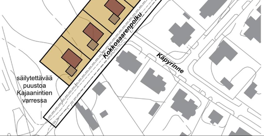 Täydennysrakentaminen edellyttäisi asemakaavan muutosta myös katualuetta koskien, koska ajoyhteys uusille tonteille ei voisi olla kevyen liikenteen väylältä. - Soveltuu AO-tonteiksi.