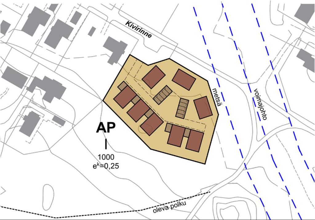 30 9. Kivirinne Viitesuunnitelma Tiedot Käyttötarkoitus/talotyyppi: AP Alueen pinta-ala: 0,41 ha Aluetehokkuus: 0,25 Arvio rakennusoikeudesta: 1 000 k-m² Asukasmääräarvio: 25 Alueen yleiskuvaus -