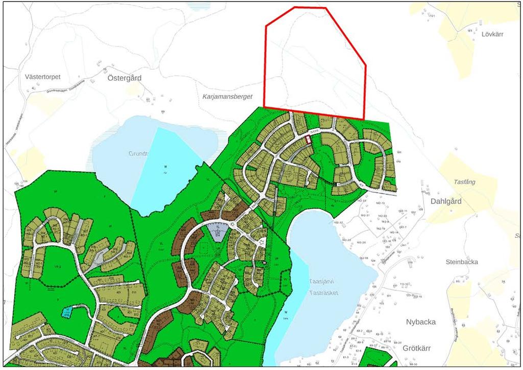 Kuva 27. Ote asemakaavayhdistelmästä. Suunnittelualueen rajaus on esitetty kartalla punaisella viivalla. Figur 27. Utdrag ur detaljplanesammanställningen.