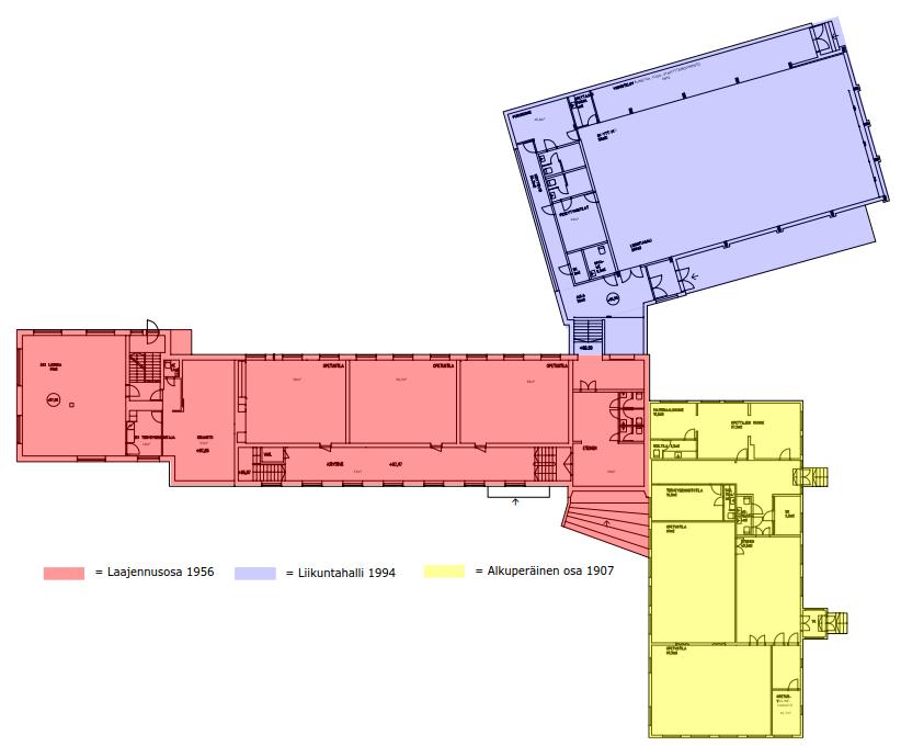 Kuva 2.2 Rakennuksen 1. kerros, jossa alkuperäinen osa on merkitty keltaisella, vuonna 1956 rakennettu laajennusosa on merkitty punaisella ja vuonna 1994 rakennettu laajennusosa on merkitty sinisellä.