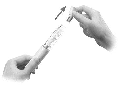 Vaihe 6 Pistäminen 6.1 Irrota neulansuojus Pidä esitäytettyä kynää neula ylöspäin suunnattuna, ja vedä neulansuojus suoraan irti (kuva L).