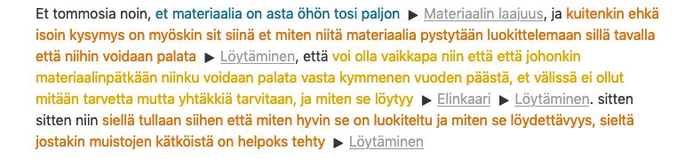 Kuva 5: Litteroitua haastattelumateriaalia, johon on merkitty siinä esiintyviä teemoja. sältö kerättiin viemällä se WordPress-alustan omalla vientityökalulla XML-tiedostoon.
