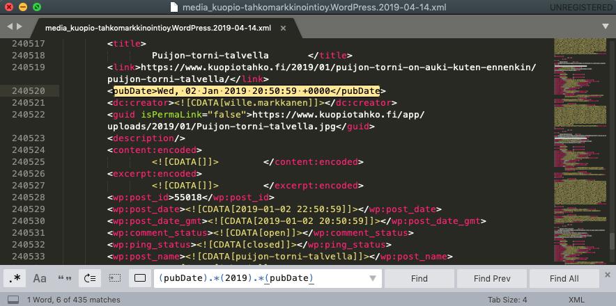Esimerkiksi mediatiedostojen XML-vientitiedoston koko oli 19,3 MB ja rivejä tiedostossa oli noin 255 000.
