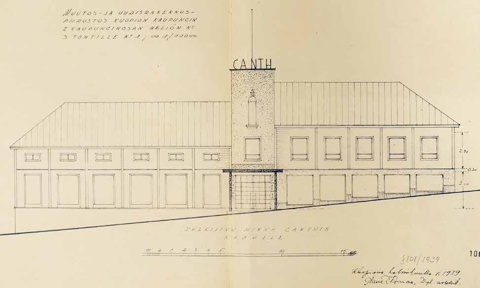 Minna Canthin kadun puoleisen julkisivun muutospiirustus (Aarre Ekomaa, helmikuu 1939). Julkisivua leimaa funkishenkinen, hienosti detaljoitu muita osia korkeampi torniosa.