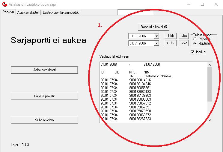 111 Liite 3. Nykyisen laatikkojärjestelmän pääsivu 1. Järjestelmästä pystyy tulostamaan raportin haluamaltaan aikaväliltä, joko paperille tai näytölle.