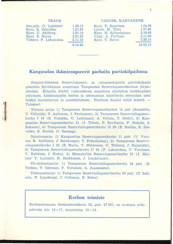 7 TRAUK Res.alik. 0. Lehtinen Kers. E. Ikävalko Kers. U. Ahlberg Kers. E. Harju Ylikers. P. Lehonoksa.29.3.37.35.5.4 2,.0.28 2..0 9.0.40 VARUSK. KANTAHENK. Kers. P. Saarinen Luutn. M. Tiiro Kers. K. Salmelainen Vääp.