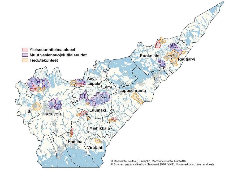 Torsa, Kärinki, Jouhtjärvi, Syväjärvi ja Rampalanjärvi, Rautjärvi ja Ruokolahti Rautjärvi, Karijärvi ja Niskajärvi, Kouvola Haukkajärvi-Rapojärvi ja Lappalanjärvi, Kouvola Rautjärvi, Kyynelmys,