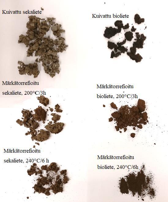 60 Kuva 27 Kokeissa käytetyt märkätorrefioidut seka-ja biolietenäytteet ja niiden vertailu kuivattuun seka- ja biolietteeseen.