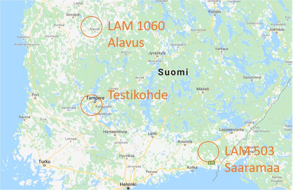 Väyläviraston julkaisuja 19/2020 9 2 Koekohteet Tutkimuskohteet valikoituivat olemassa olevien LAM-asemien läheisyyteen (LAM=Liikenteen Automaattinen Mittaus).
