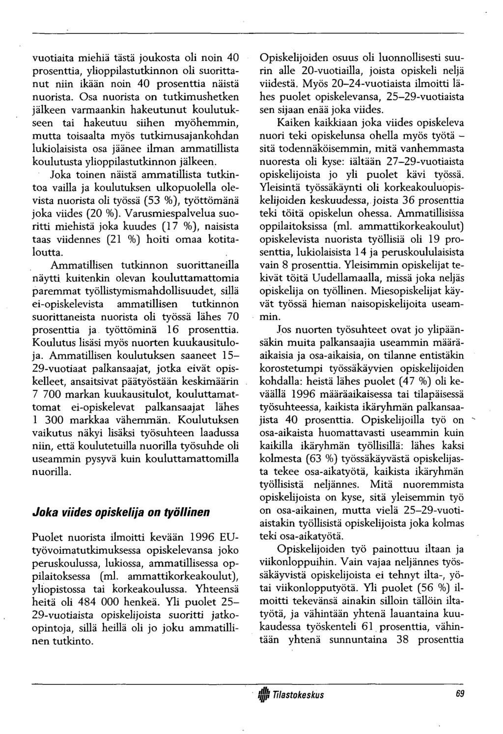 vuotiaita miehiä tästä joukosta oli noin 40 prosenttia, ylioppilastutkinnon oli suorittanut niin ikään noin 40 prosenttia näistä nuorista.