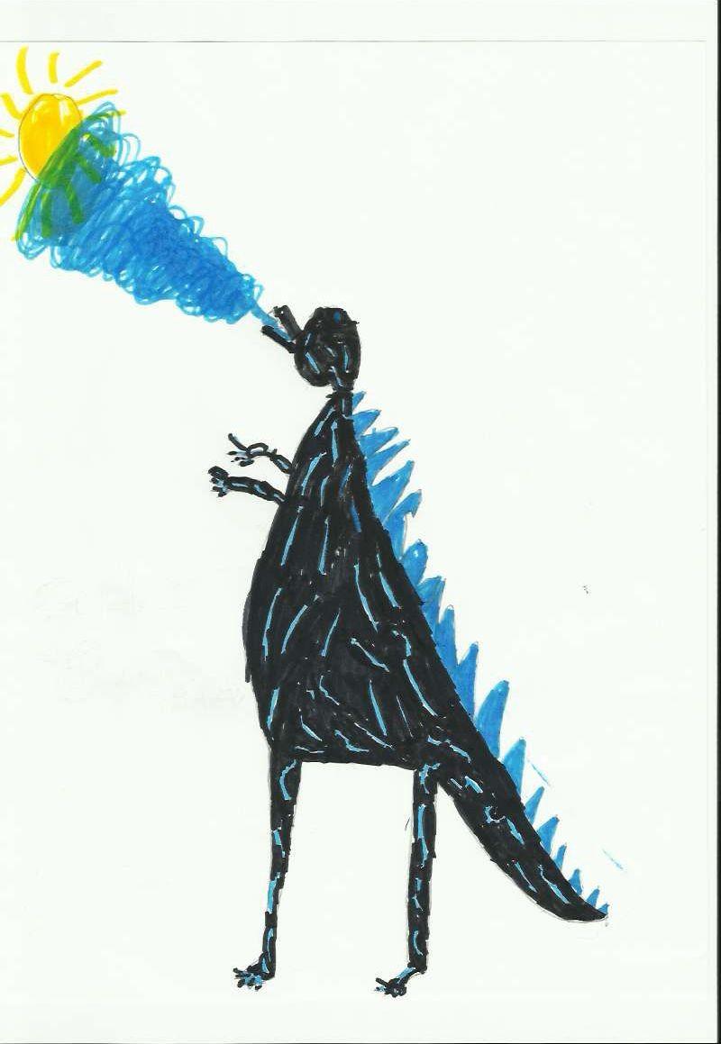 Piirustuksessa Godzilla syöksee tulta aurinkoa päin, koska se haluaa elää pimeässä.