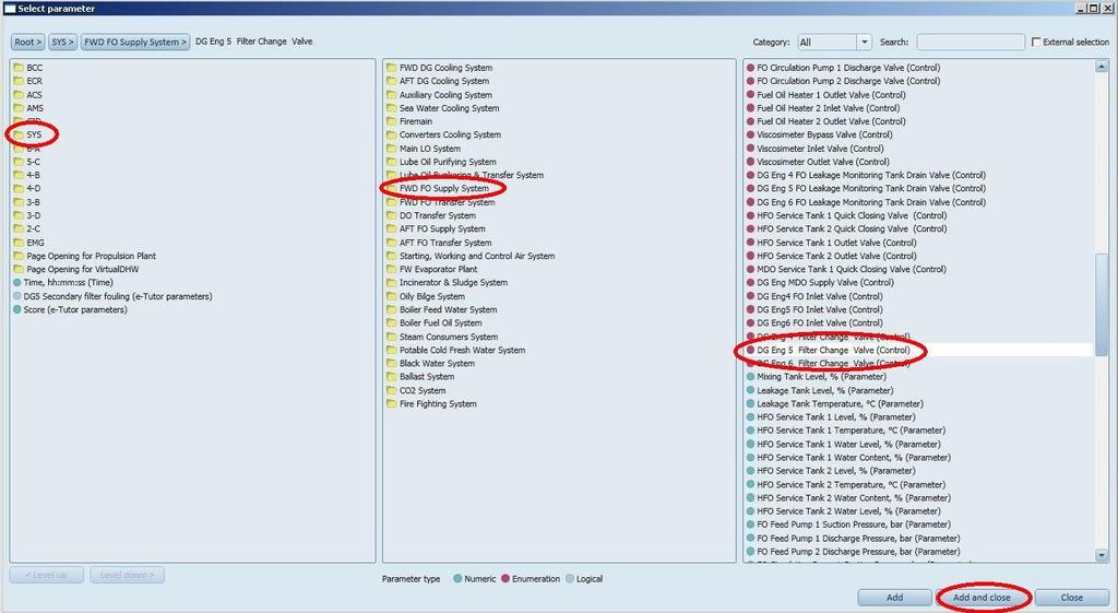 11. Eteen aukeaa samanlainen parametrivalikko kuin kohdassa 6. Polusta SYS > FWD FO Supply System löytyy parametri nimeltä DG Eng 5 Filter Change Valve (Control).