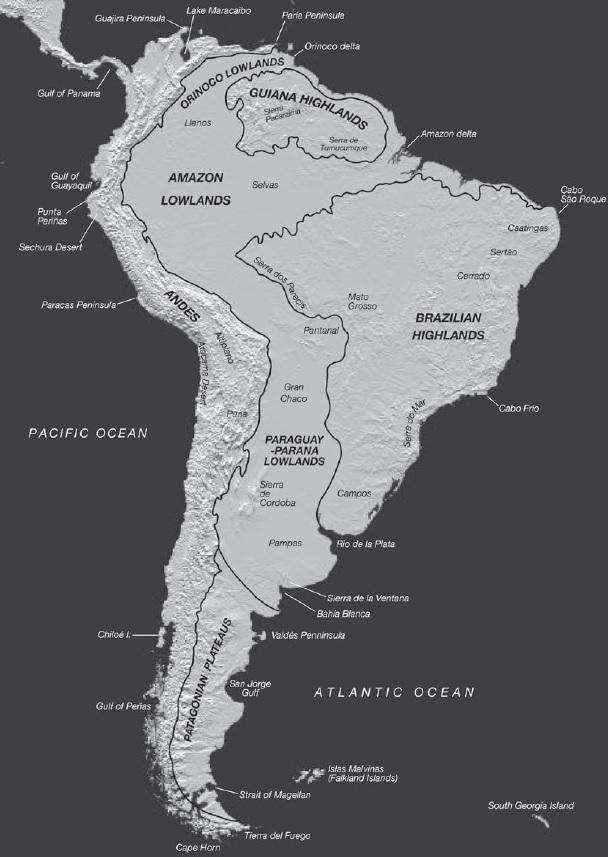 28 3. South America: diversity, geography and demography Figure 4: The physical geography of South America (Veblen et al. 2015: 33). plateaus and plains, but also highlands.