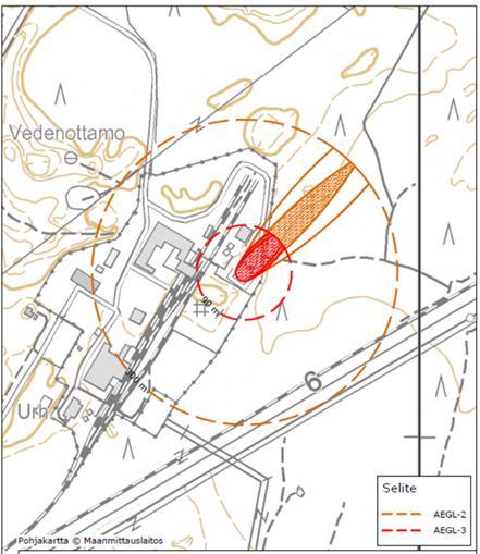 Oletetun suuronnettomuustapauksen vaara-alue Suolahappovuodon aiheuttama kaasupilvi (kloorivetykaasu) Pitoisuus 43 ppm Säde 300 metriä (vastaa AEGL-2 aluetta) Kloorivetykaasu ja suolahapposumu ovat