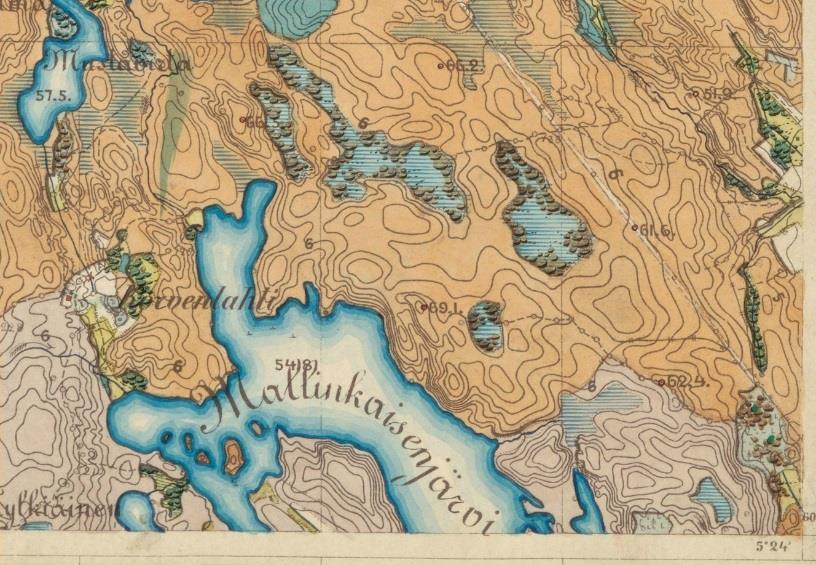 Vasemmalla: 1840-luvun pitäjänkartalla Mallinkaistenjärven itärannalle ei ole merkitty