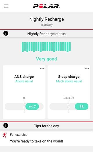 Nightly Recharge Polar Flow -sovelluksessa Voit verrata ja analysoida eri öiden Nightly Recharge -tietojasi Polar Flow -sovelluksessa.