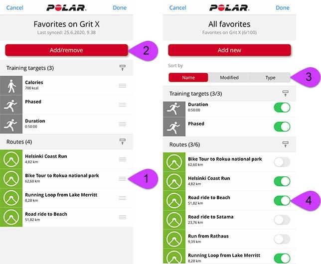 Katso lisätietoja suosikkien hallitsemisesta Polar Flow -verkkopalvelussa ja -sovelluksessa kohdasta Suosikkien ja treenitavoitteiden hallitseminen Polar Flow ssa.