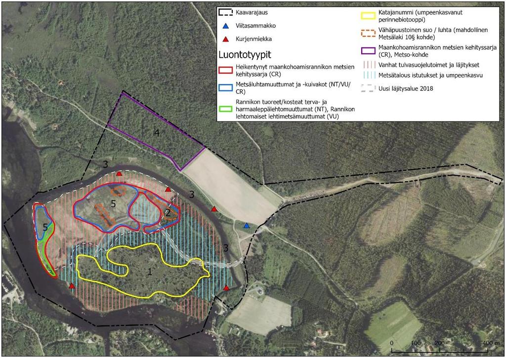 Suunnittelualueelta havaittuja uhanalaisten luontotyyppien muuttumia ovat rantaluhdat ja metsäluhdat (NT/VU) ja pajuluhdat (NT), tulvavaikutteiset merenrantalehdot (Rannikon kosteat ja tuoreet terva-