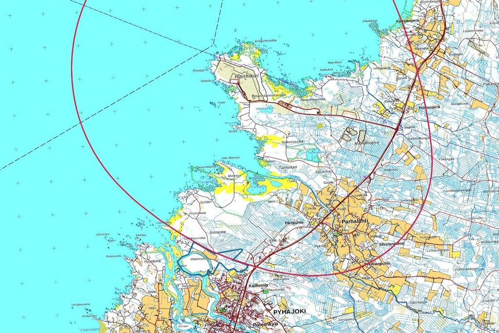 Kuva 18. Hanhikiven ydinvoimamaakuntakaavan mukainen 5 km suojavyöhyke: Matinsaaren alueen osayleiskaava-alue on esitetty kuvassa sinisellä aluerajauksella.