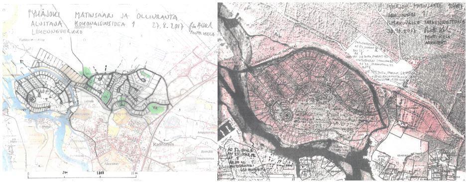 Kuva 25. Matinsaaren ja Ollinmäen ideasuunnitelman alustava kokonaisidea sekä tarkennettu tontti- ja katusuunnitelmaluonnos (P.