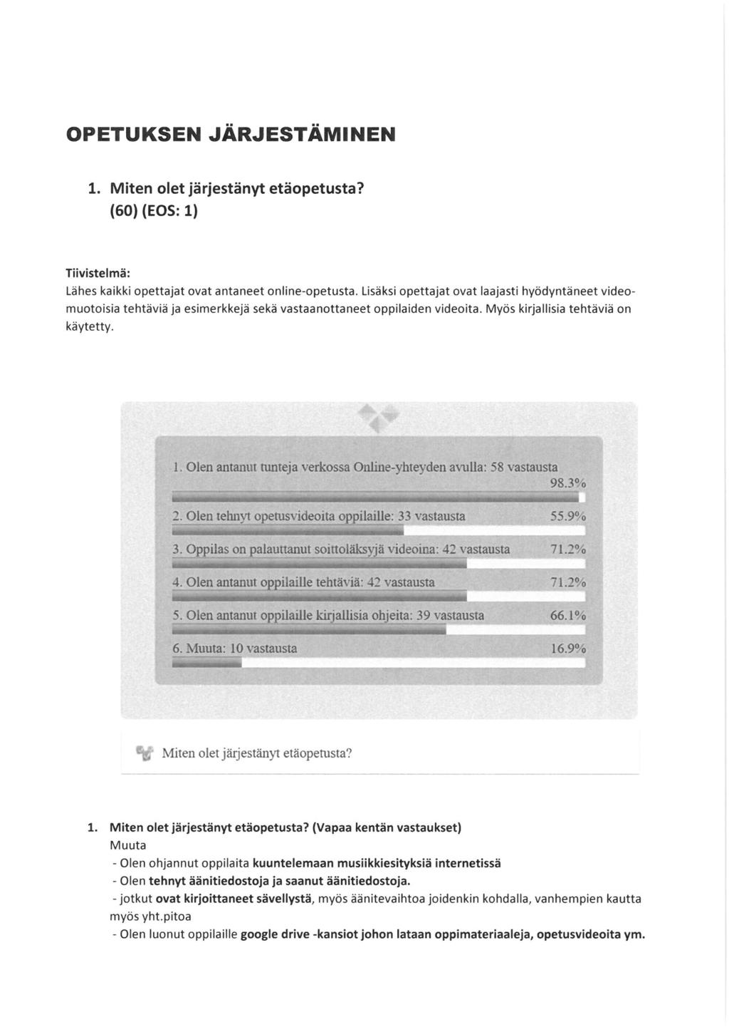 OPETUKSEN JÄRJESTÄMINEN l. Miten olet järjestänyt etäopetusta? (60) (EOS: l) Tiivistelmä: Lähes kaikki opettajat ovat antaneet online-opetusta.